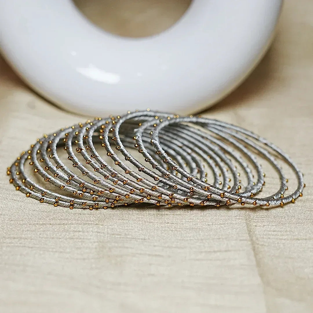 Metal Base with Premium Thread Work Bangles for Women & Girls (Pack of 12 Bangle) - The Golden Cascade